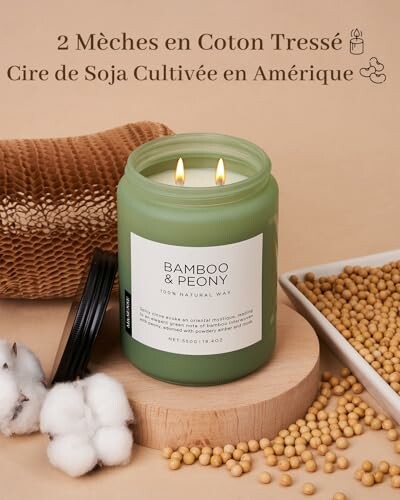 Bougie parfumée avec cire de soja et mèches en coton.