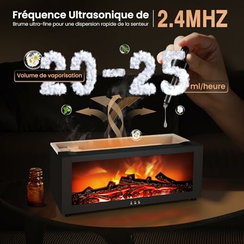 Diffuseur ultrasonique avec fréquence de 2,4 MHz et volume de 20-25 ml par heure.